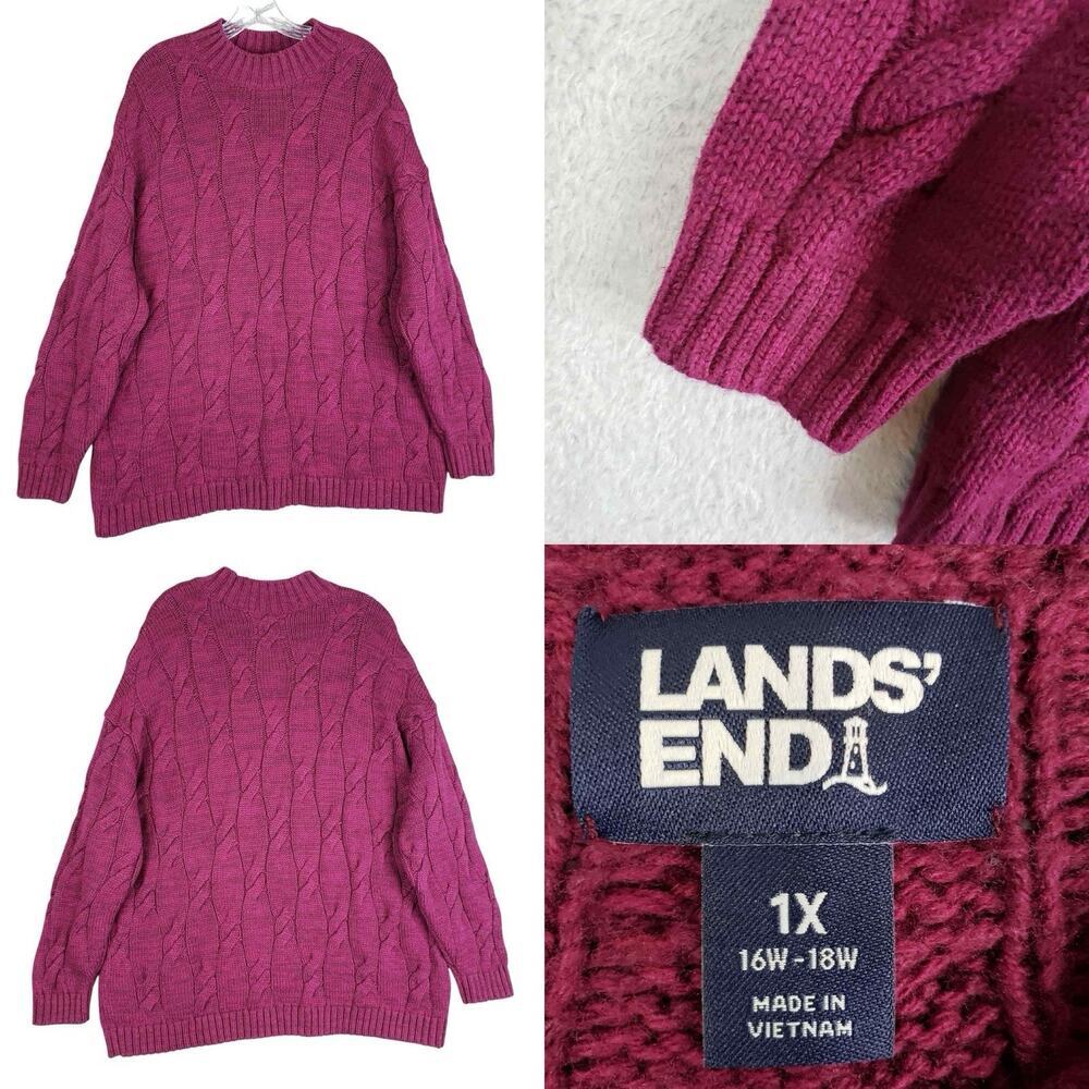 Lands End Sweater Women’s Plus Size 1X Magenta Purple Pullover Cable Knit Cotton